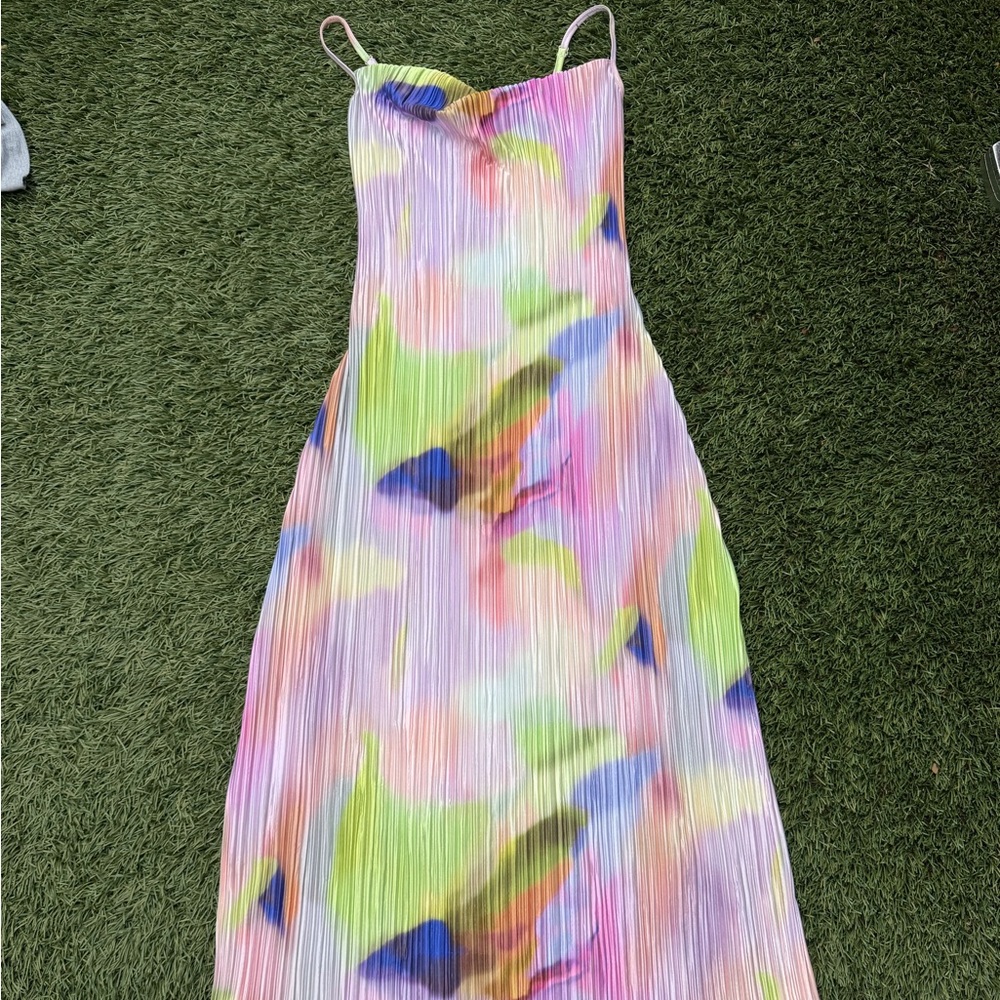 Multicolor Pleated Maxi Dress - Watercolor Print